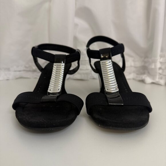 Laura Scott Black Wedge Sandals With Silver Accent & Elastic Straps Size 9 - Picture 3 of 6